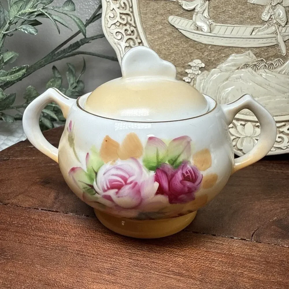 Hand Painted Porcelain Creamer Sugar Bowl Pink Roses Gold Trim Set Vintage